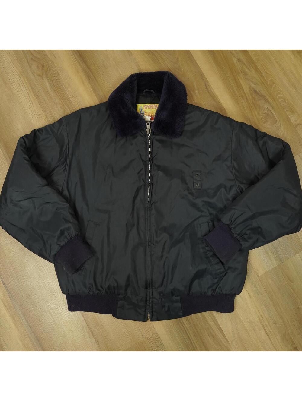 Vintage Spartan Uniform Outerwear Black Nylon Bomber Jacket Faux Fur Collar L